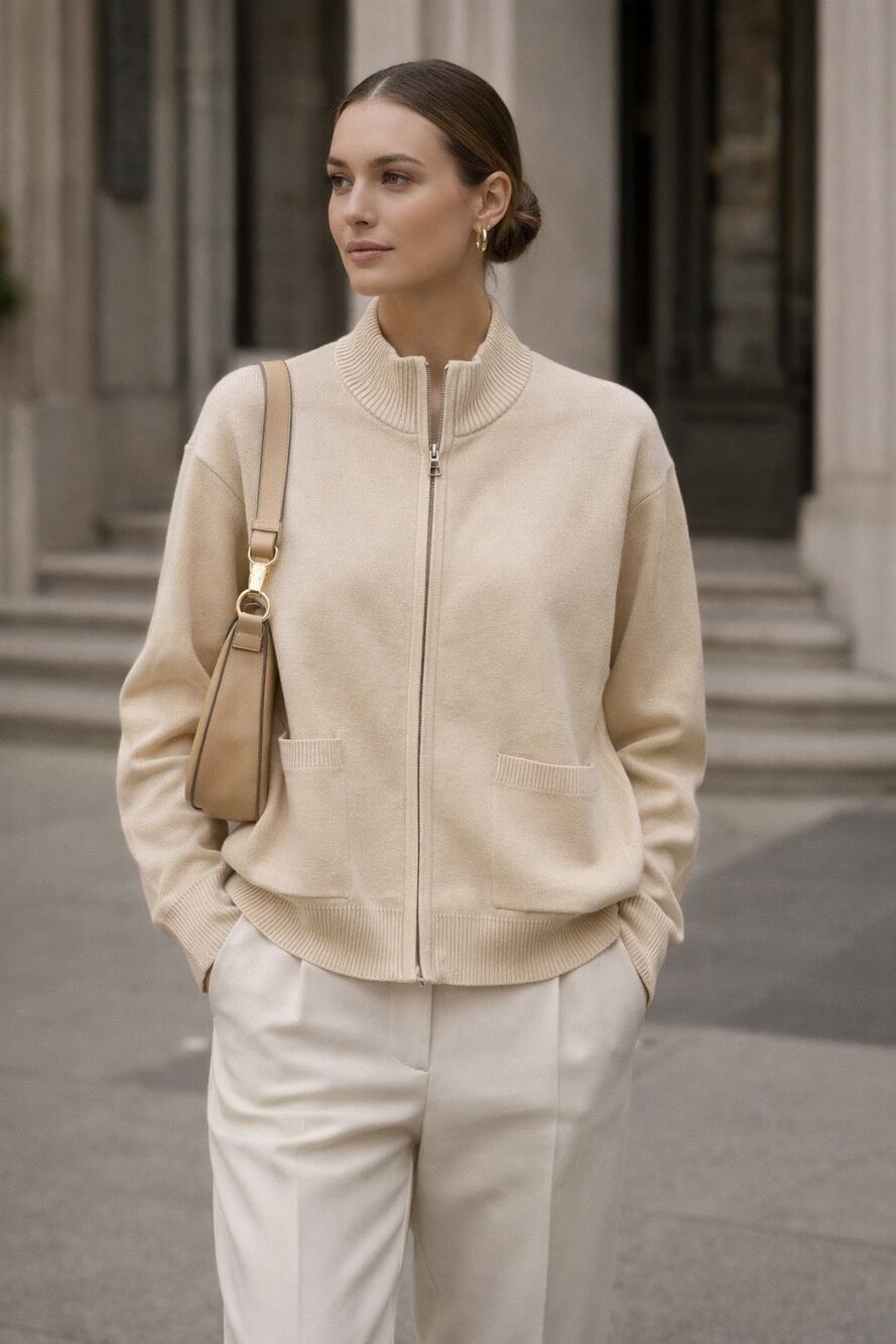 Soia&Kyo Cream Zip-Up Knit Sweater Crew Neck Relaxed Fit Jacket Size Small